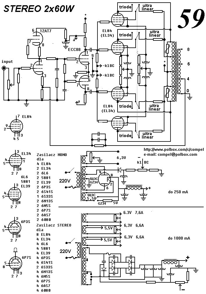 Schemat : mono 30-110 Watt ; Push-Pull ; Trioda/Pentoda